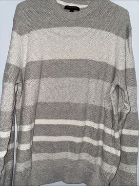 Banana Republic Men’s Gray and Cream Striped Crewneck Sweater